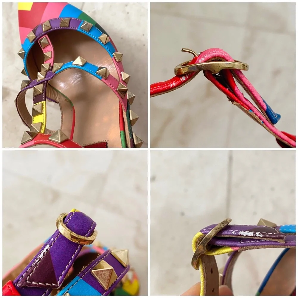 $1195 Valentino Garavani 1973 Rockstud Rainbow Chevron Pointed Toe Pumps Heels 6
